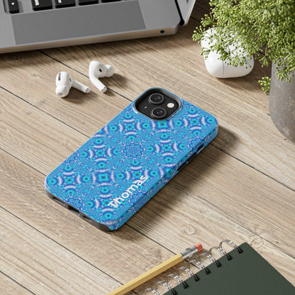 Personalized blue kaleidoscope phone case with glossy finish and custom name option