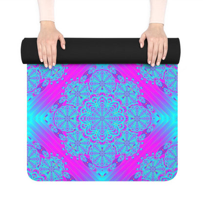 Vibrant Mandala Rubber Yoga Mat — Neon Turquoise & Pink Pattern