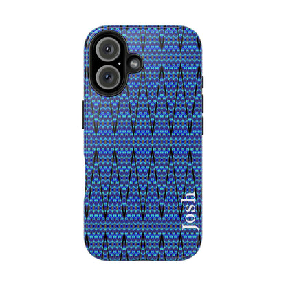 Slim blue geometric tough phone case with glossy finish and rubber liner for iPhone protection