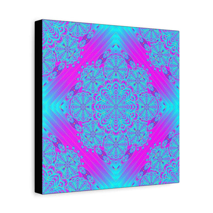 Vibrant Neon Mandala Canvas Art – Turquoise & Magenta Stretched Wall Decor