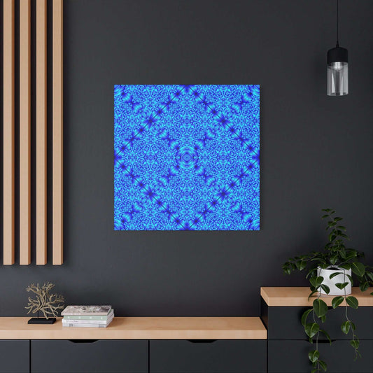 Blue kaleidoscope canvas print with geometric abstract mandala pattern on matte cotton-poly blend