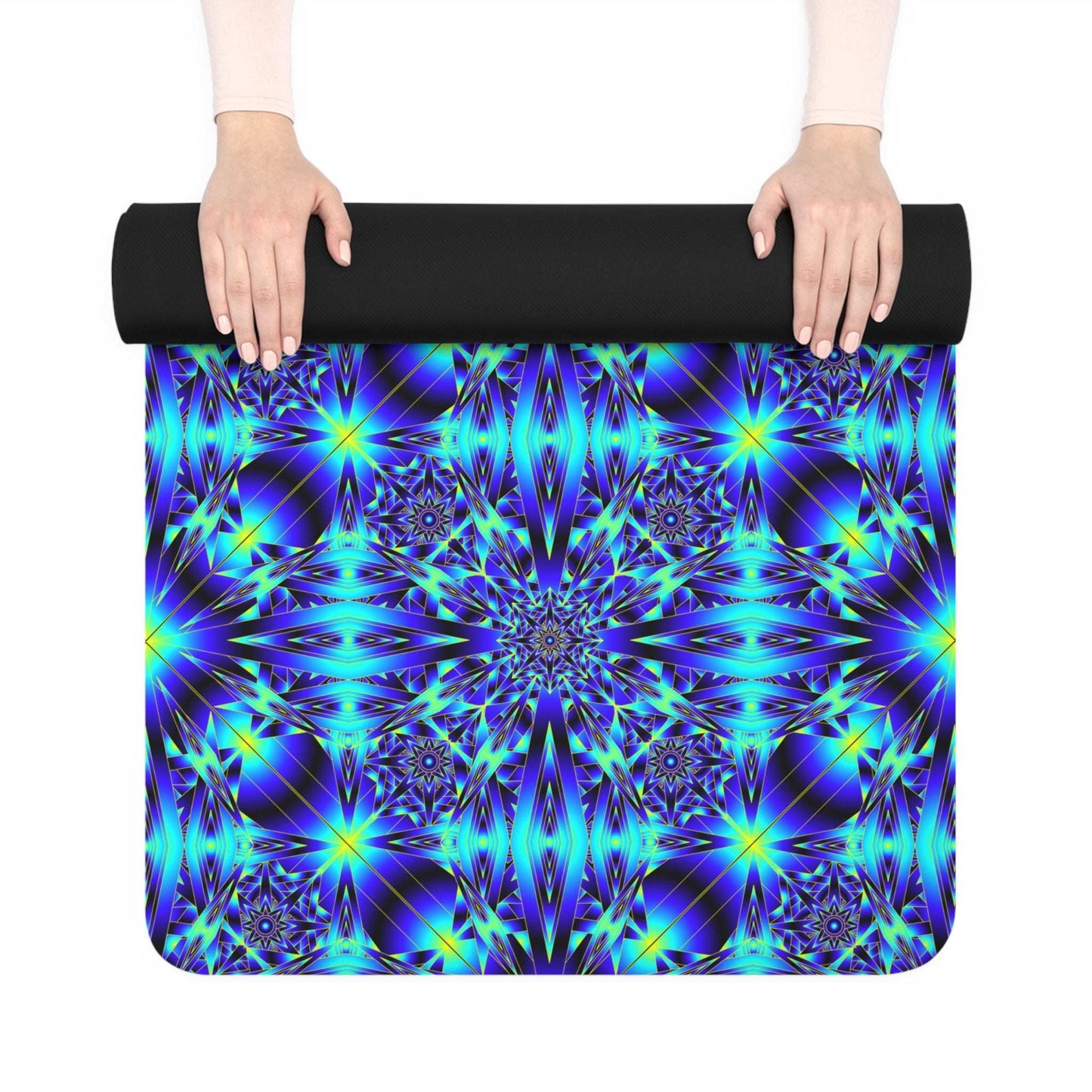 Blue Kaleidoscope Rubber Yoga Mat — Non-Slip Mandala Fitness Mat