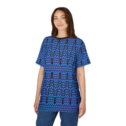 Blue geometric all-over print tee with abstract Aztec pattern and ribbed collar.