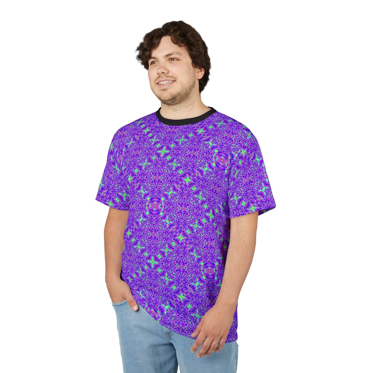 Kaleidoscope Violet All-Over Print Tee with vibrant purple psychedelic pattern and ribbed collar, breathable polyester fabric