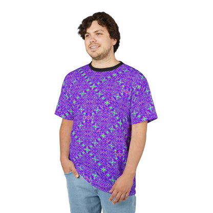 Kaleidoscope Violet All-Over Print Tee with vibrant purple psychedelic pattern and ribbed collar, breathable polyester fabric