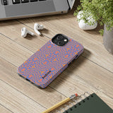 Slim psychedelic geometric tough phone case in vibrant orange and purple with glossy finish and shock-absorbing design