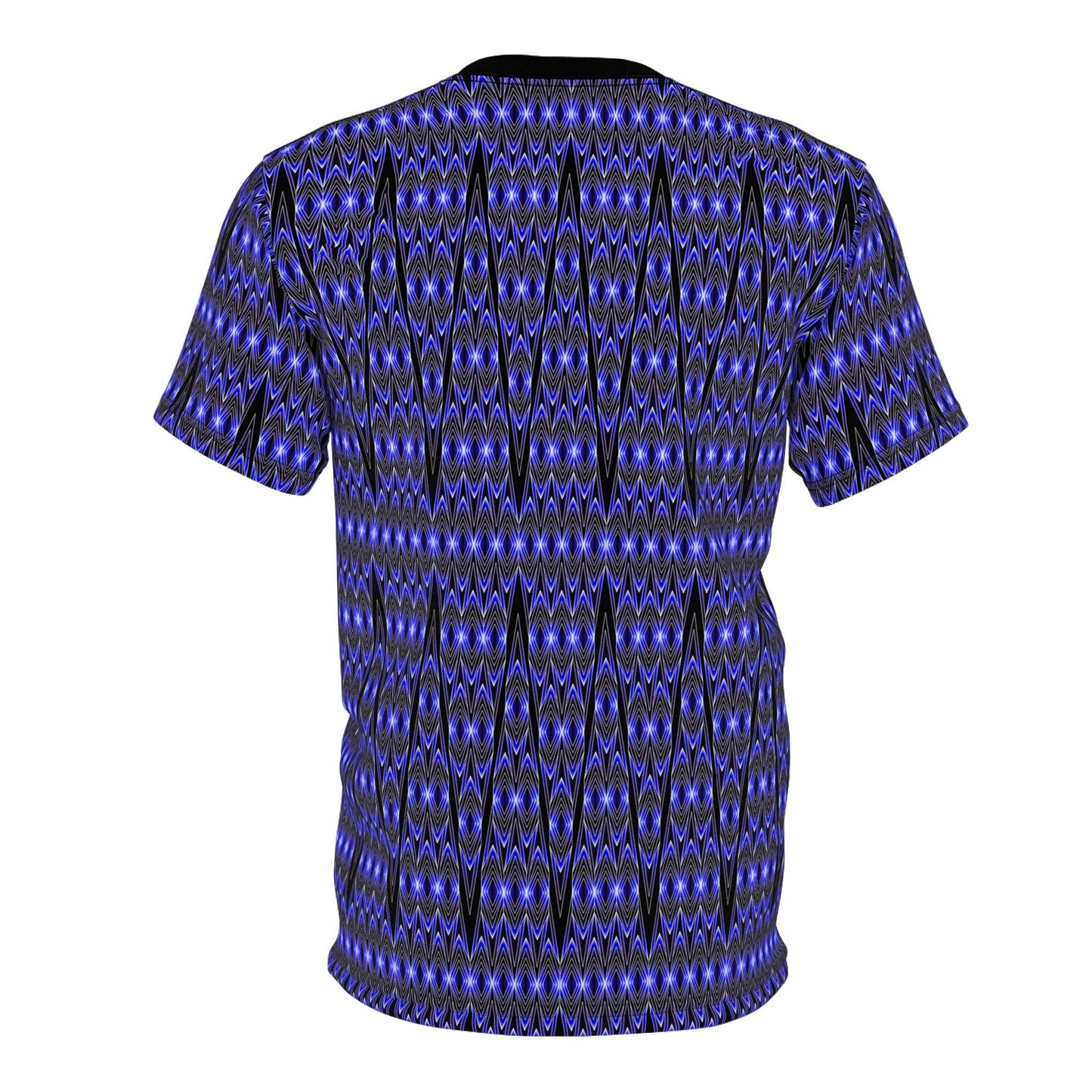 Blue Tribal Geometric All-Over Print Tee — Bold Patterned Graphic Shirt