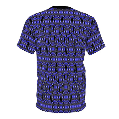 Blue Tribal Geometric All-Over Print Tee — Bold Patterned Graphic Shirt