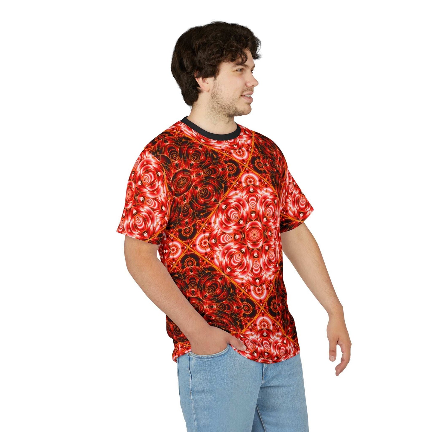 All-Over Red Kaleidoscope Tee — Vibrant Psychedelic Pattern Shirt