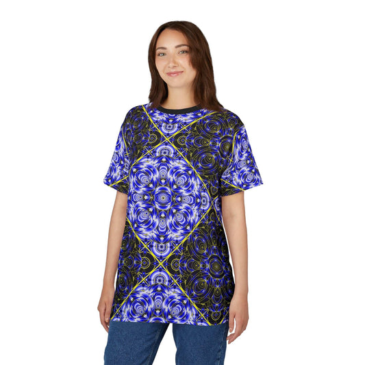All-Over Blue Kaleidoscope Tee with psychedelic geometric mandala pattern and breathable polyester fabric