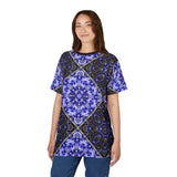 All-Over Blue Kaleidoscope Tee with psychedelic geometric mandala pattern and breathable polyester fabric