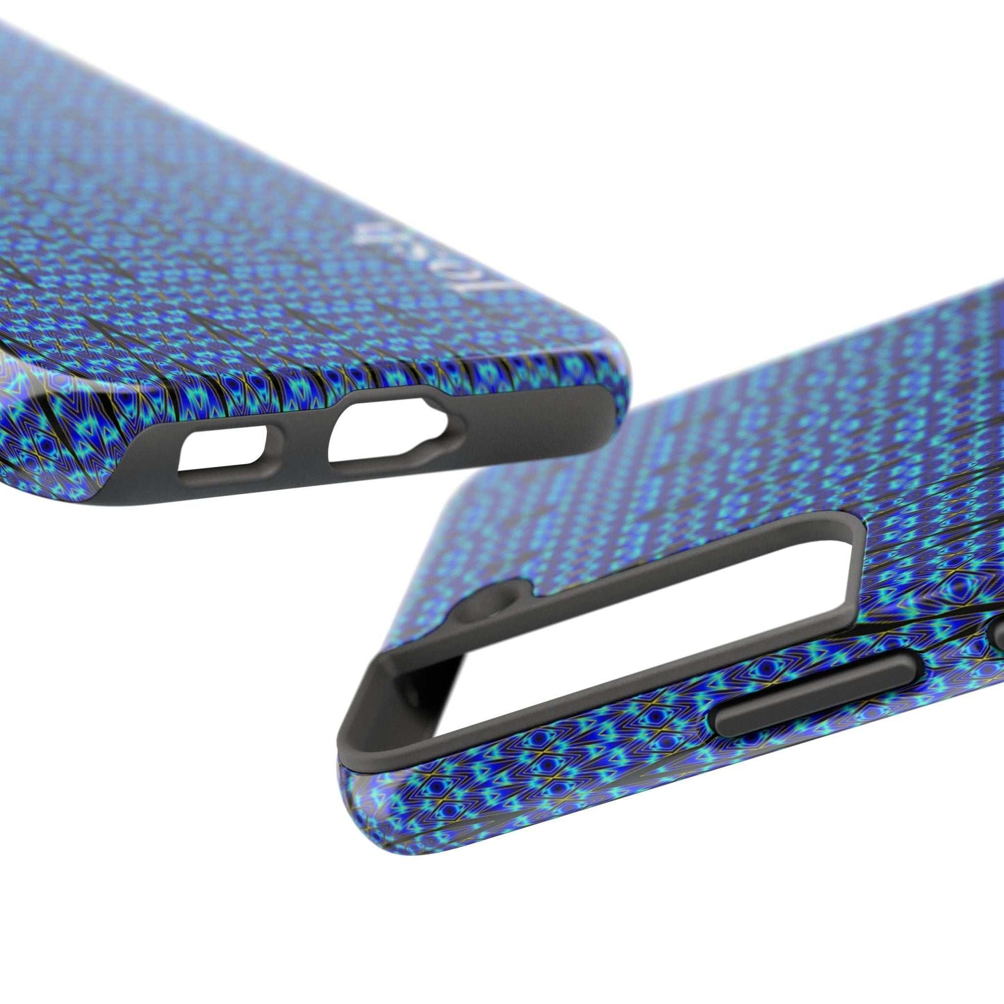 Slim blue geometric tough phone case with glossy finish and rubber liner for iPhone protection