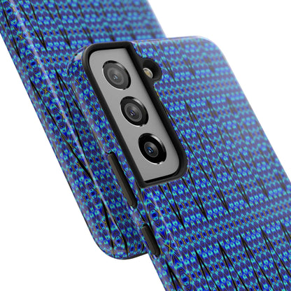 Slim blue geometric tough phone case with glossy finish and rubber liner for iPhone protection