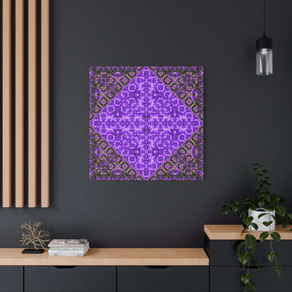 Purple kaleidoscope canvas art with vibrant geometric patterns and deep purple tones on stretched matte cotton-poly canvas