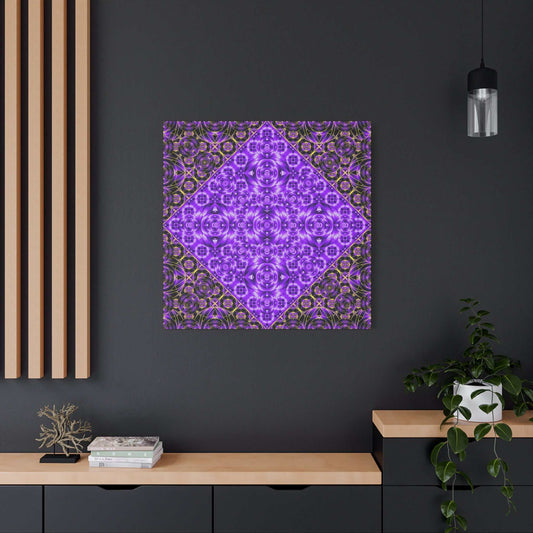 Purple kaleidoscope canvas art with vibrant geometric patterns and deep purple tones on stretched matte cotton-poly canvas