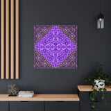 Purple kaleidoscope canvas art with vibrant geometric patterns and deep purple tones on stretched matte cotton-poly canvas