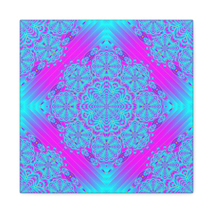 Vibrant Neon Mandala Canvas Art – Turquoise & Magenta Stretched Wall Decor