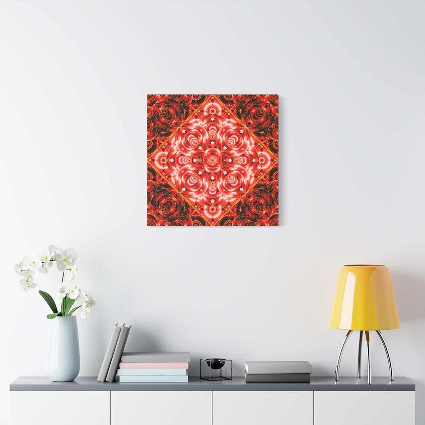 Red Rose Kaleidoscope Canvas Wall Art — Stretched Matte Floral Mandala