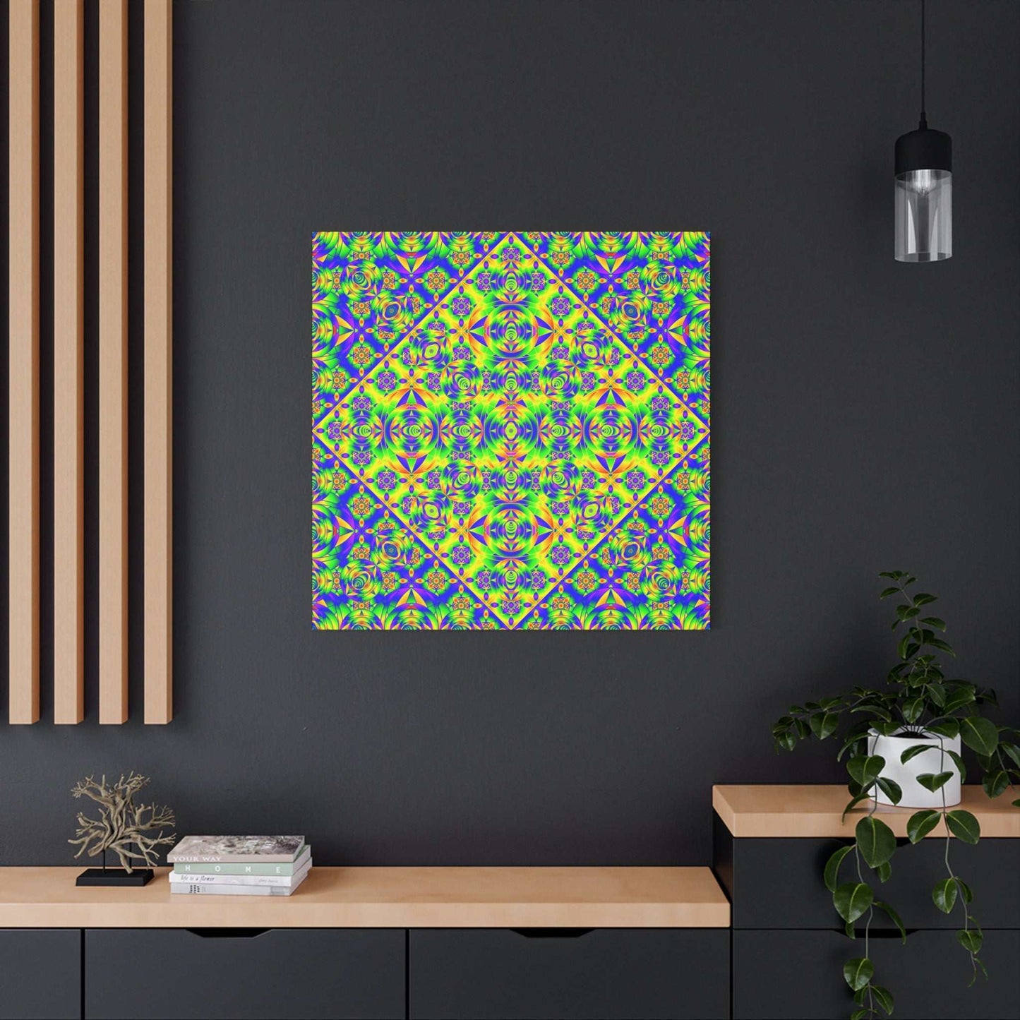 Psychedelic kaleidoscope matte canvas art with vibrant green, blue, and yellow geometric mandala pattern on 1.25-inch pine frame
