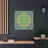 Psychedelic kaleidoscope matte canvas art with vibrant green, blue, and yellow geometric mandala pattern on 1.25-inch pine frame