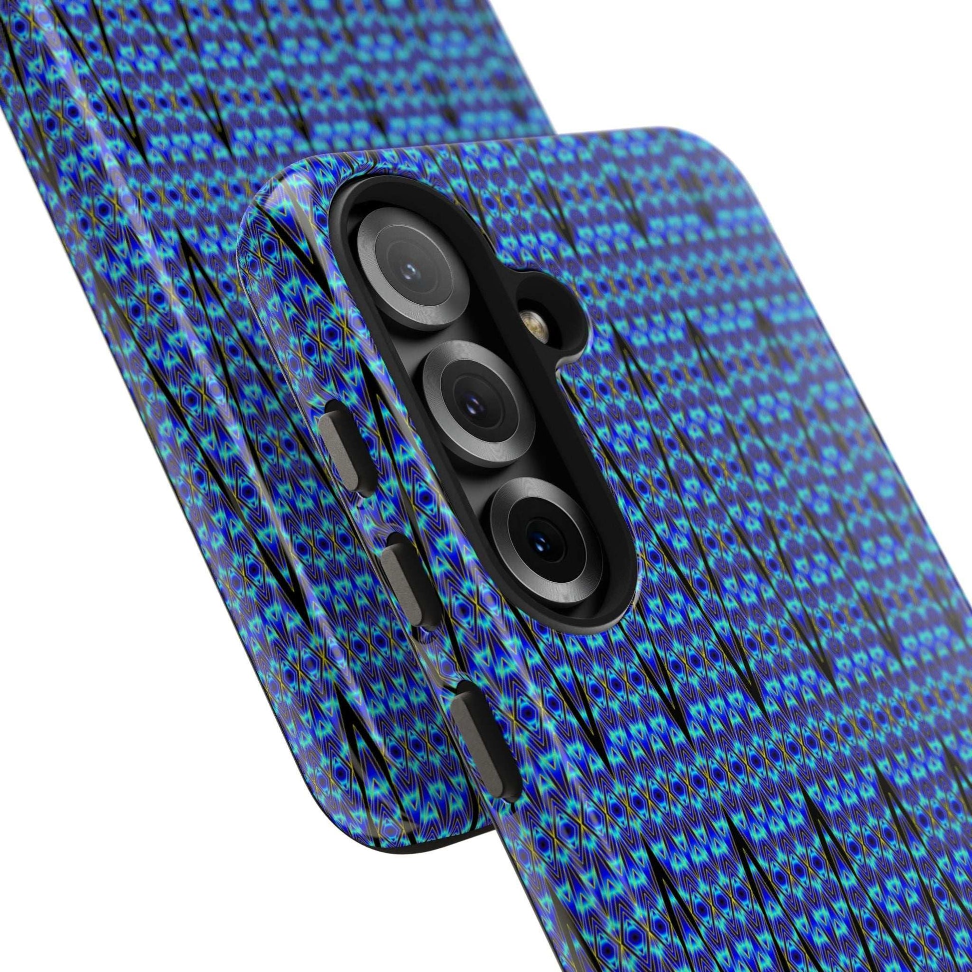 Slim blue geometric tough phone case with glossy finish and rubber liner for iPhone protection
