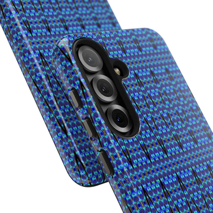 Slim blue geometric tough phone case with glossy finish and rubber liner for iPhone protection