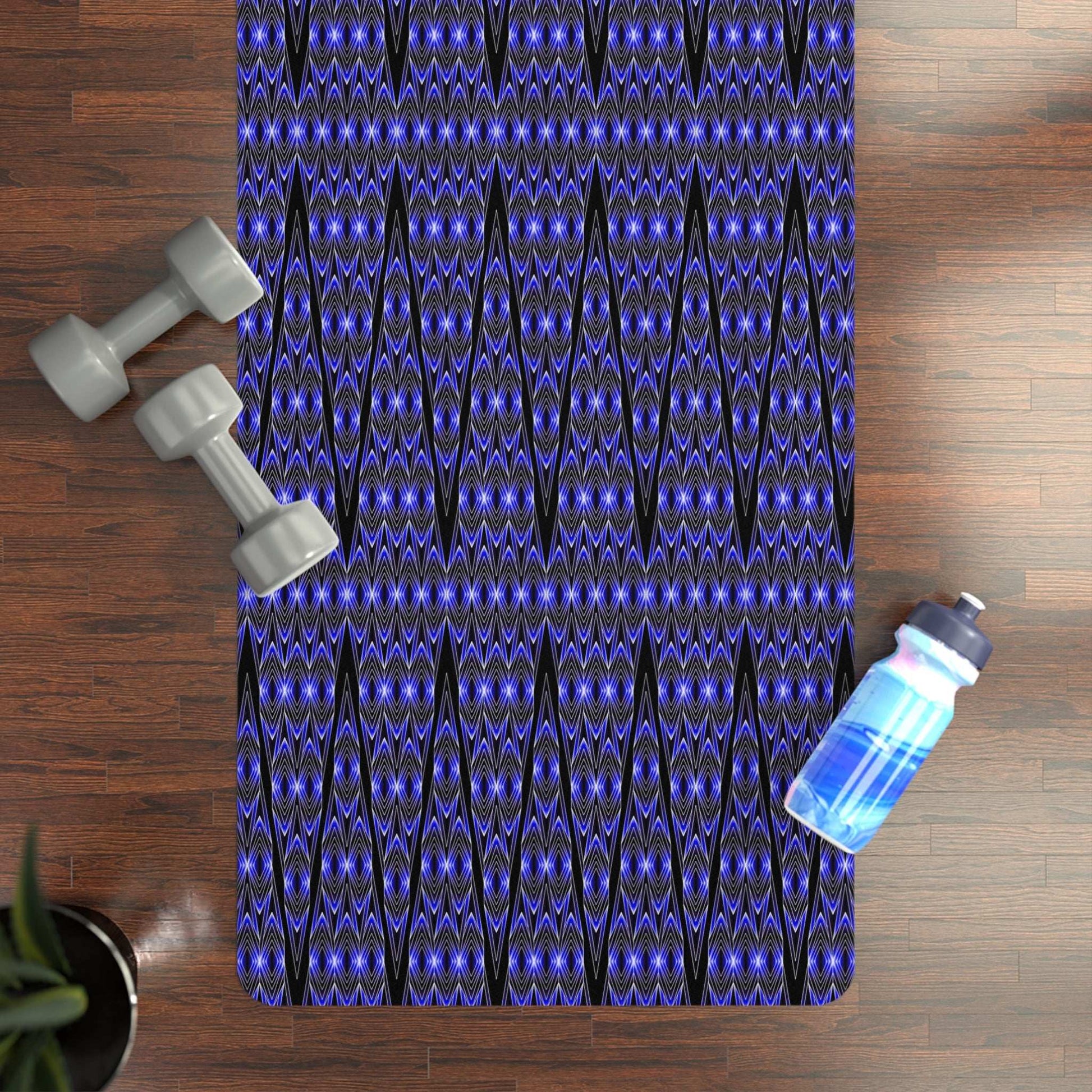 Blue tribal pattern rubber yoga mat with non-slip natural rubber backing and microfiber suede top