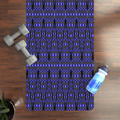 Blue tribal pattern rubber yoga mat with non-slip natural rubber backing and microfiber suede top
