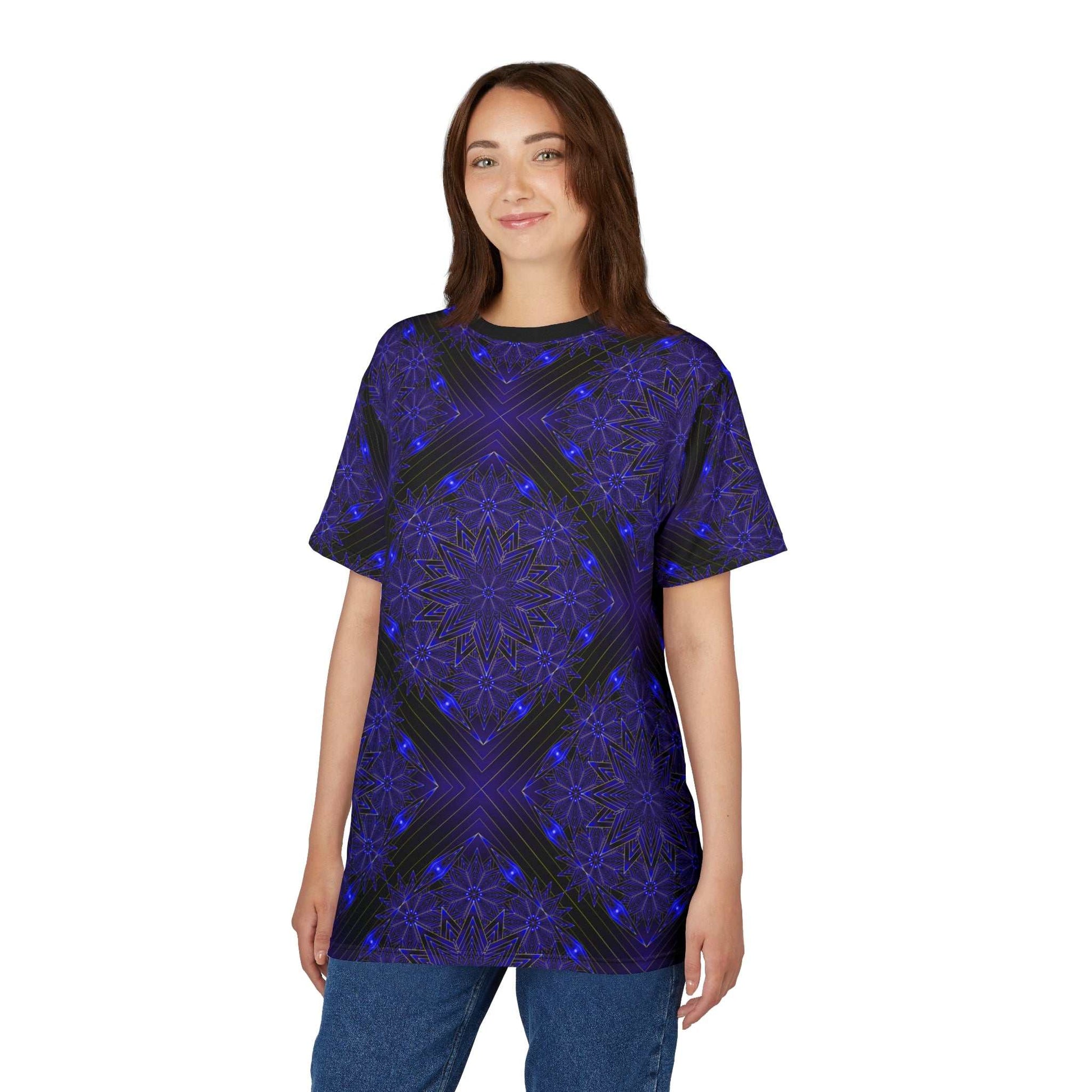 All-over blue mandala tee with psychedelic geometric starburst pattern on lightweight fabric