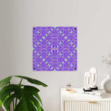 Psychedelic kaleidoscope acrylic wall art panel with vibrant purple and neon green geometric design