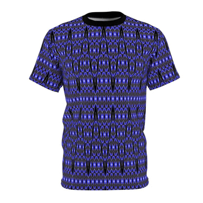 Blue Tribal Geometric All-Over Print Tee — Bold Patterned Graphic Shirt