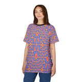 Psychedelic Kaleidoscope Tee with vibrant all-over kaleidoscopic print in vivid oranges, pinks, and blues on a lightweight polyester t-shirt