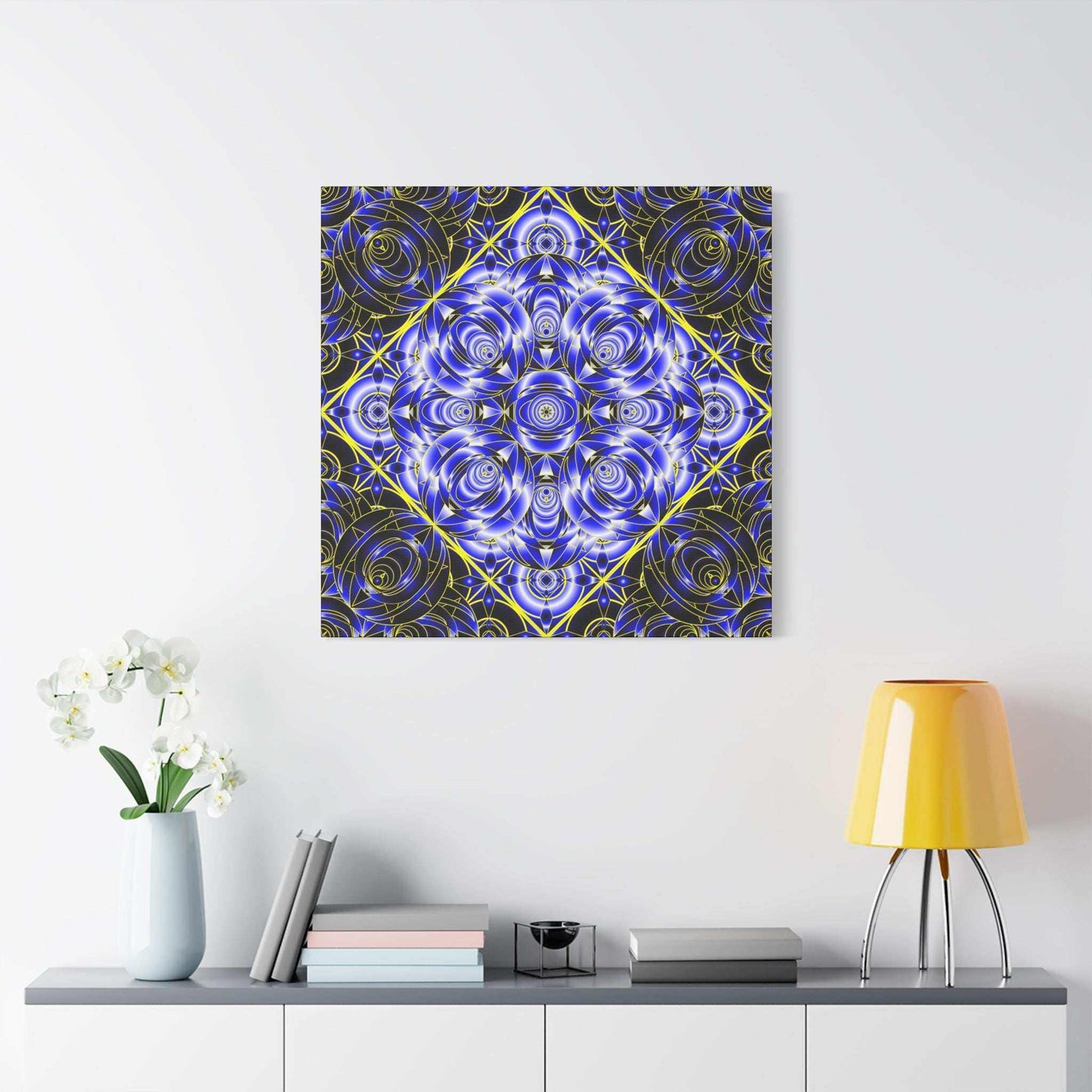 Blue Gold Kaleidoscope Canvas Wall Art – Abstract Geometric Stretched Print