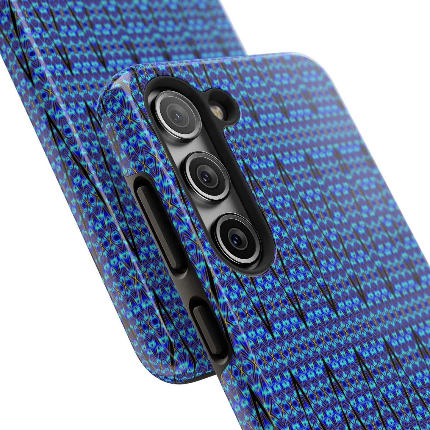 Slim blue geometric tough phone case with glossy finish and rubber liner for iPhone protection