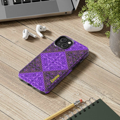 Personalized purple mosaic phone case with glossy finish and custom name