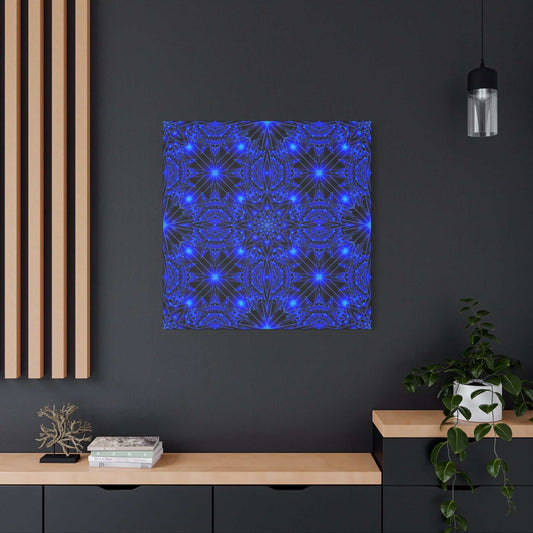 Blue neon kaleidoscope canvas print on matte stretched pine frame wall art