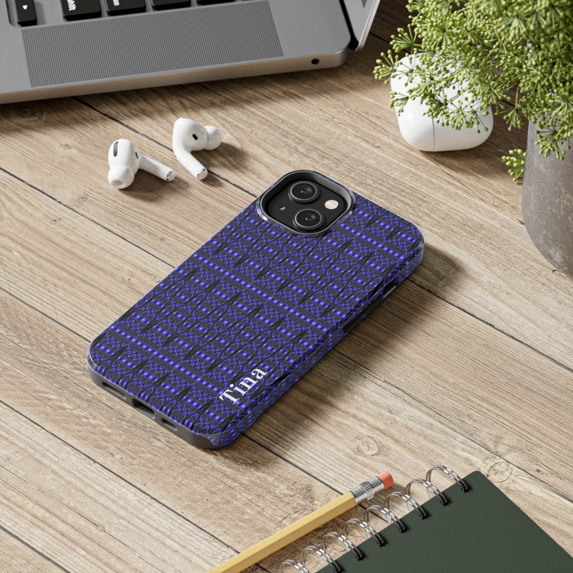 Personalized blue tribal rugged phone case with custom name and protective two-piece design