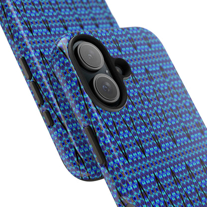 Slim blue geometric tough phone case with glossy finish and rubber liner for iPhone protection