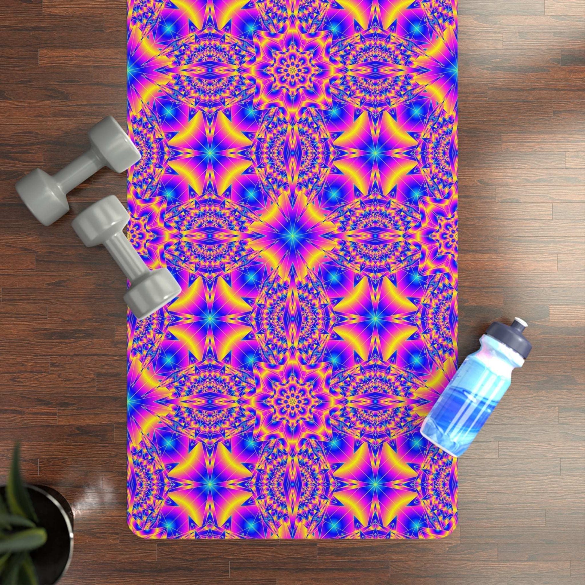Vibrant Mandala Rubber Yoga Mat with non-slip psychedelic pattern and microfiber suede top