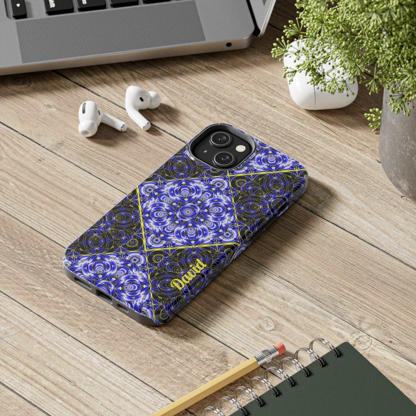 Blue Mandala tough phone case with personalized name option and dual-layer protection