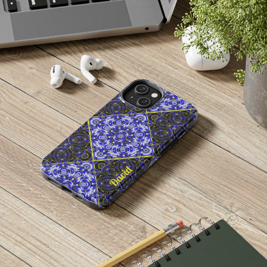 Blue Mandala tough phone case with personalized name option and dual-layer protection