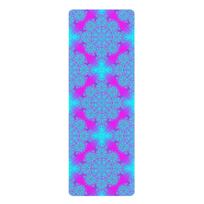 Vibrant Mandala Rubber Yoga Mat — Neon Turquoise & Pink Pattern