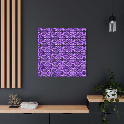 Purple geometric pattern on matte stretched canvas with deep violet waves and kaleidoscopic blooms