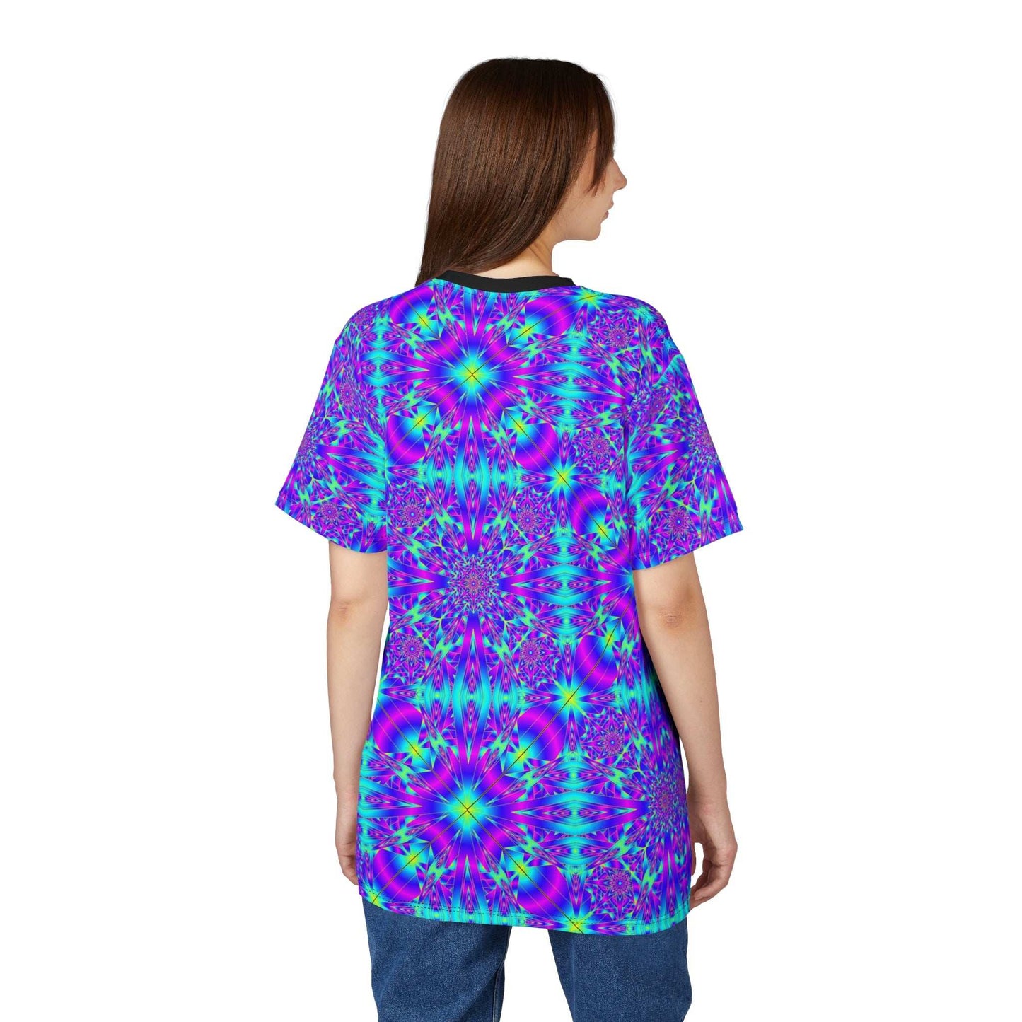 Kaleidoscope Psychedelic All-Over Print Tee — Vibrant Neon Mandala Shirt