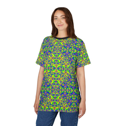 Psychedelic Kaleidoscope all-over print tee with vibrant geometric diamond and floral pattern on lightweight polyester fabric