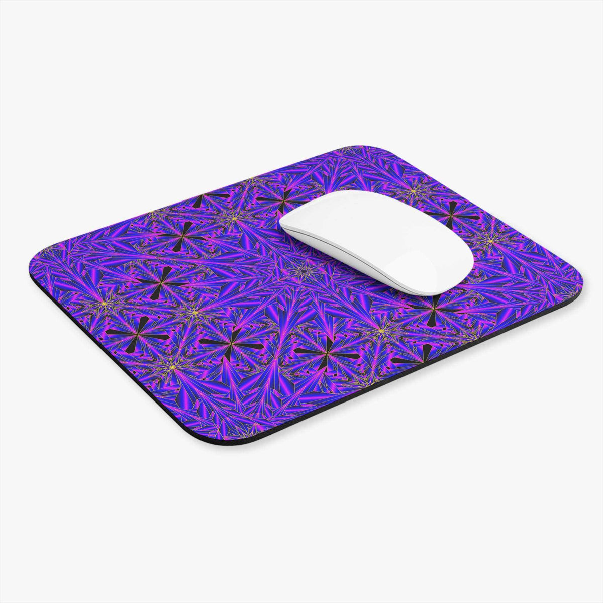 Electric purple kaleidoscope mouse pad with geometric neon fractal design